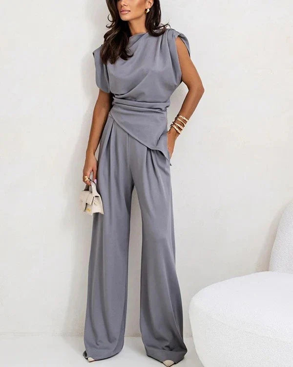 Victoria – Conjunto elegante de top irregular y pantalón de pierna ancha