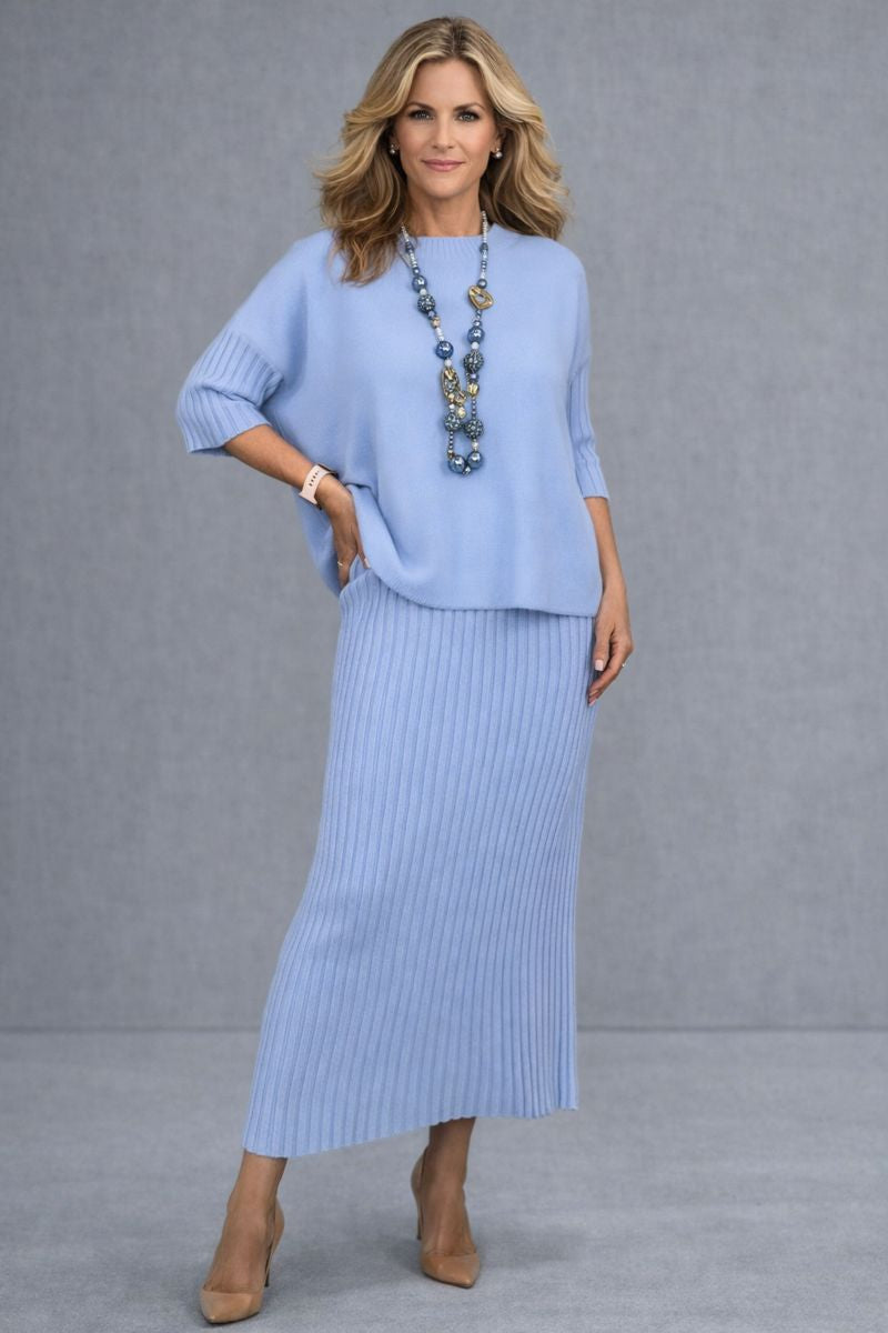 Pilar – Conjunto elegante de punto con jersey y falda midi