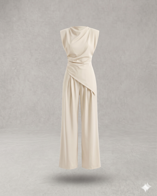 Victoria – Conjunto elegante de top irregular y pantalón de pierna ancha