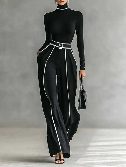 Lorenza - Conjunto negro con ribetes blancos y cinturón