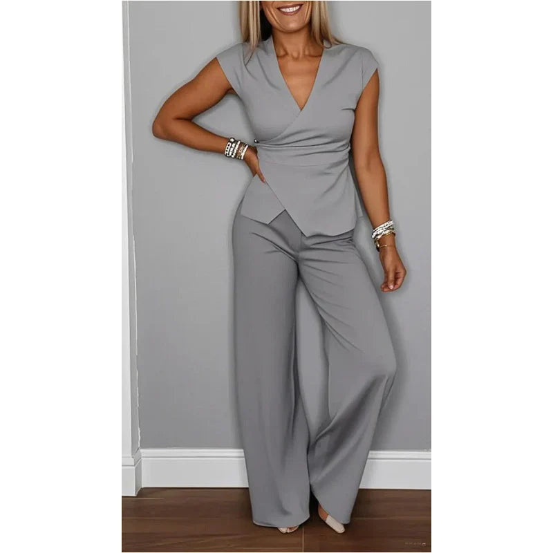 Selena - Conjunto elegante de top con escote en V y pantalón fluido